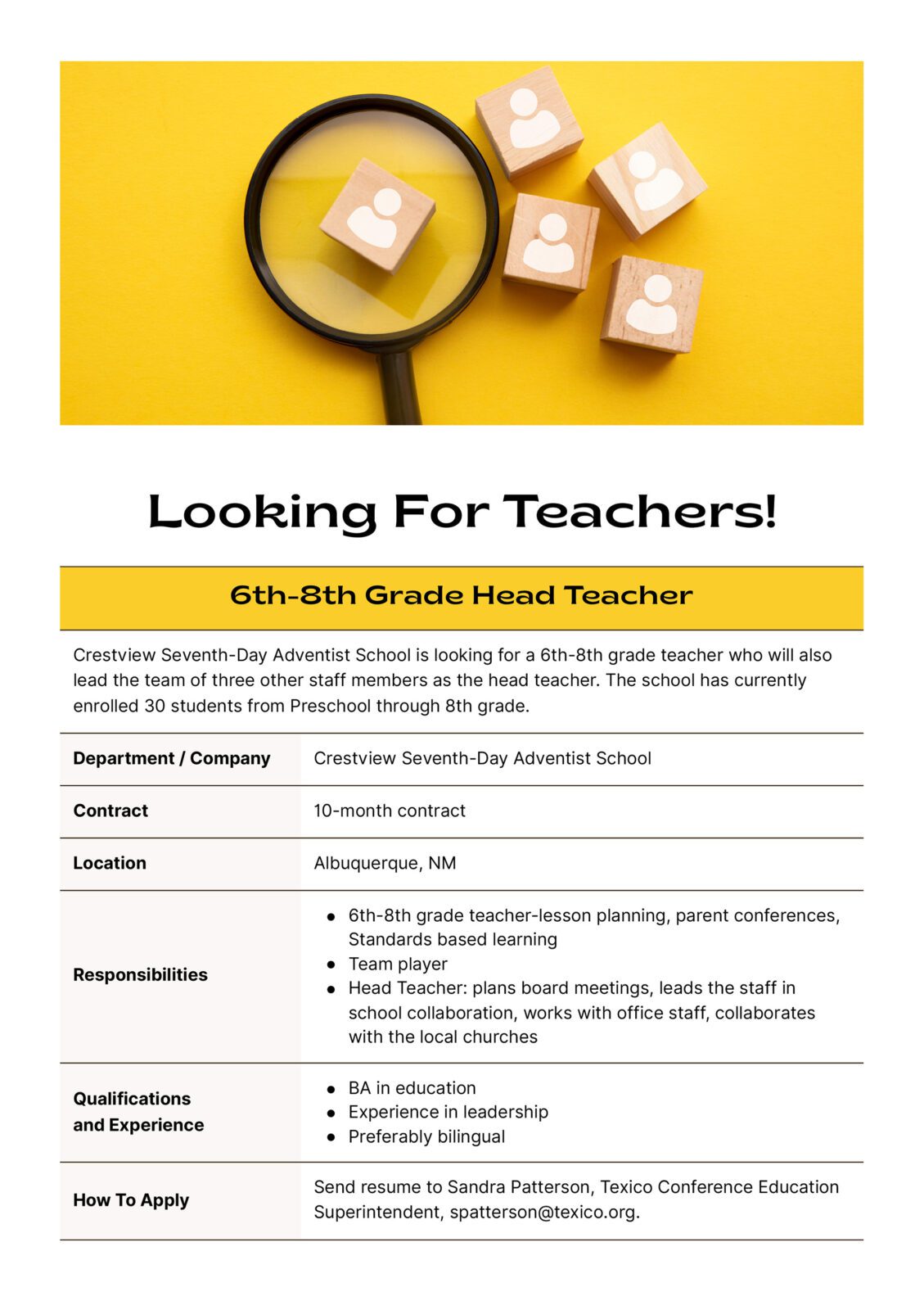 Looking for Teachers! Texico Conference of SeventhDay Adventists